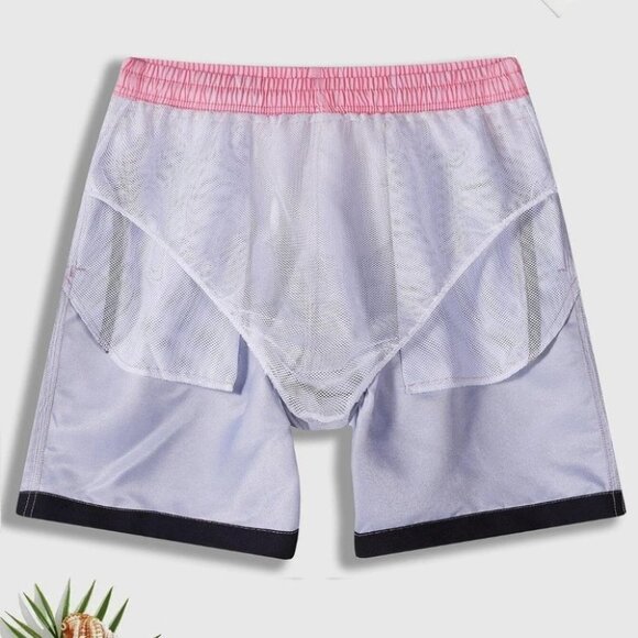 Black & Pink Vacation Style Men's Coconut Tree Print Swim Trunks - Picture 3 of 3